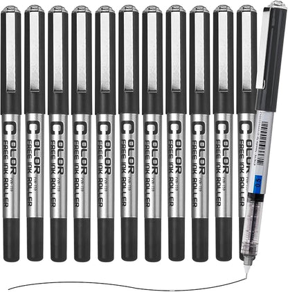 EYEYE Black Rollerball Pens 0.5mm Needle Tip, 12 Pack Extra Fine Point Roller Ball Pen Quick Dry, Liquid Ink Pens Fine Point Smooth Writing Pen for Journaling, Note Taking, Office, School Supplies