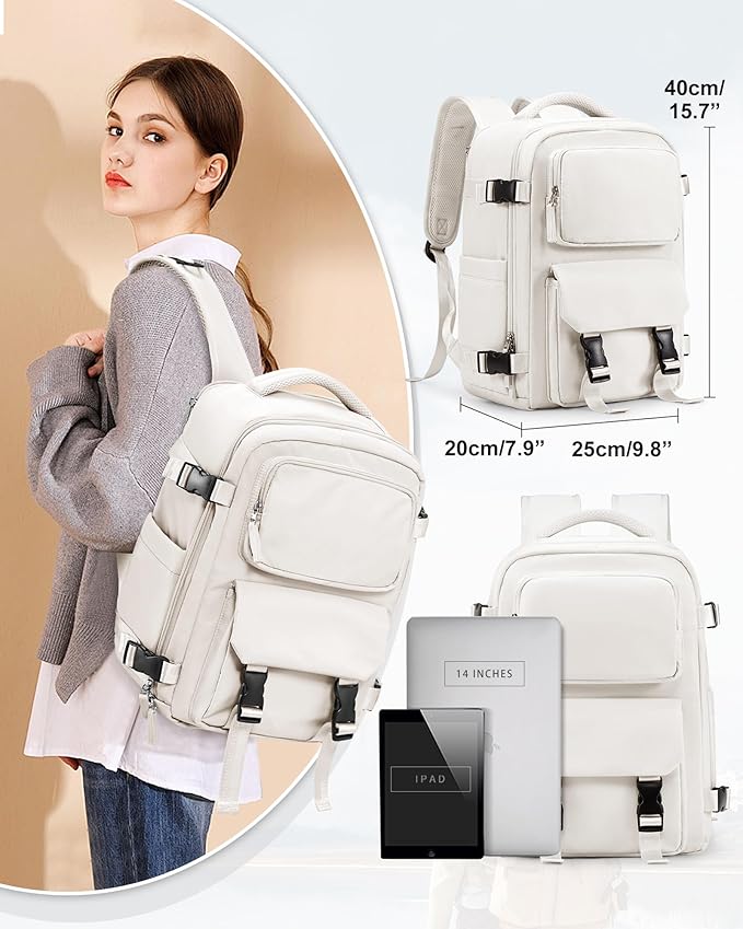 Travel Carry on Laptop Backpack for Women Men, Expandable Flight Approved Backpack, Waterproof Sports College bag Casual Daypack for Weekender Business Hiking Off White(Small)