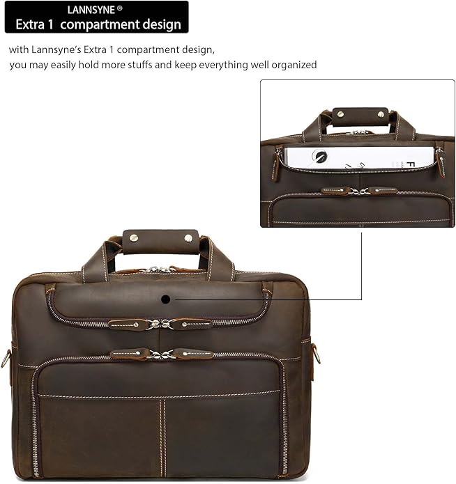 LANNSYNE Vintage 17” Leather Laptop Bag Briefcases For Men, Extra 1 Collection Brown