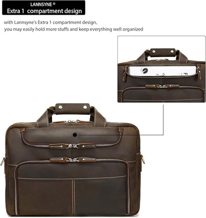 LANNSYNE Vintage 17” Leather Laptop Bag Briefcases For Men, Extra 1 Collection Brown