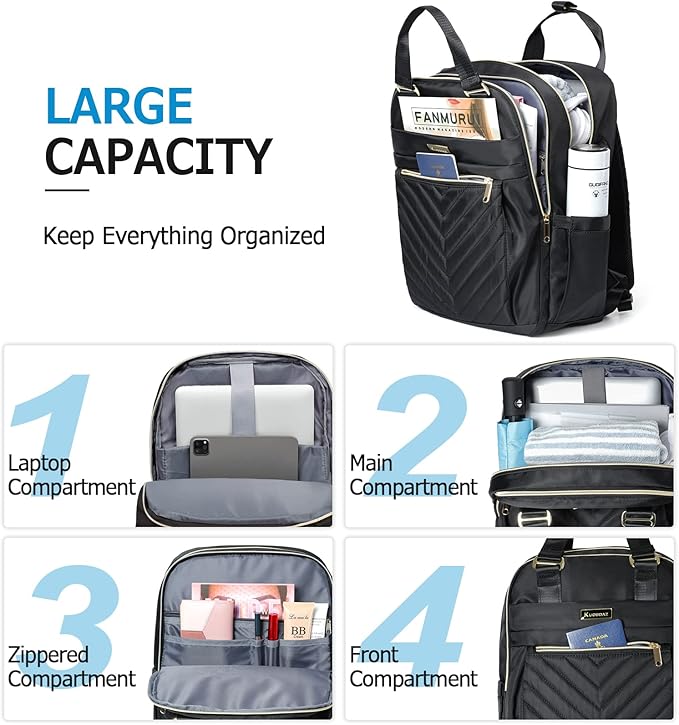 Black Backpack for Women, School Backpack for Teen Girls, 15.6 Inch Quilted Backpack Purse with USB Port, Work Business Teacher Student Computer Bag, College Bookbags Casual Daypacks, Black