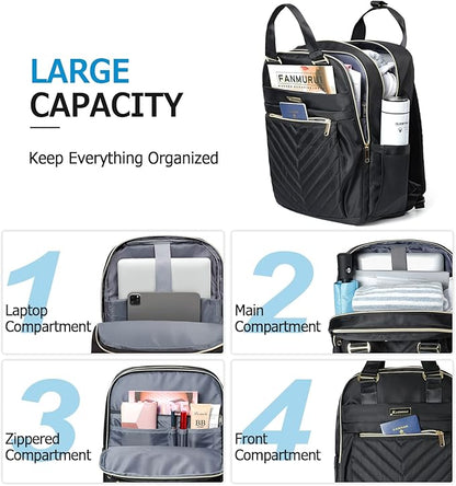 Black Backpack for Women, School Backpack for Teen Girls, 15.6 Inch Quilted Backpack Purse with USB Port, Work Business Teacher Student Computer Bag, College Bookbags Casual Daypacks, Black