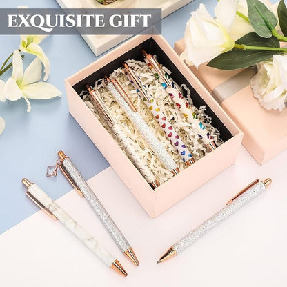 Sherr 7 Pcs Fancy Pens for Women Cute Sparkly Glitter Pens with 10 Pcs Black Ink Refills Pretty Gifts for Girls Office School Christmas Graduation(White,Novel)