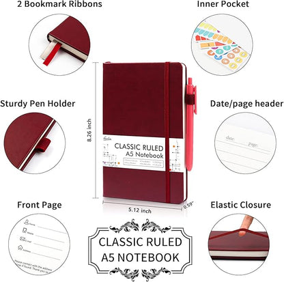 12 Pack Notebooks Journals Bulk with 12 Black Pens, Feela A5 Hardcover Notebook Classic Ruled Journal Set with Pen Holder for School Business Work Travel Writing, 120 GSM, 5.1”x8.3”, Wine