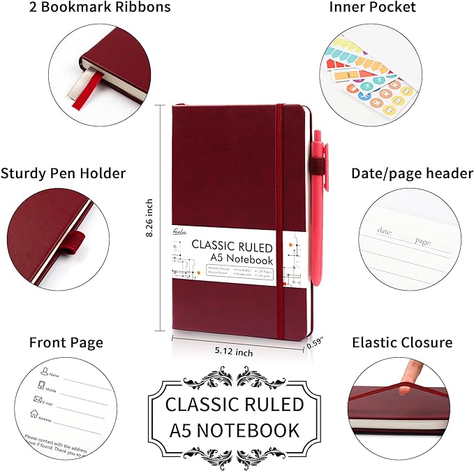 feela 5 Pack Journal Notebook Bulk for School, Hardcover Business Notebooks Classic Ruled Lined Journals with Pen Holder for Work Note Taking, with 5 Black Pens, 120 GSM, 5.1”x8.3”, A5, Wine
