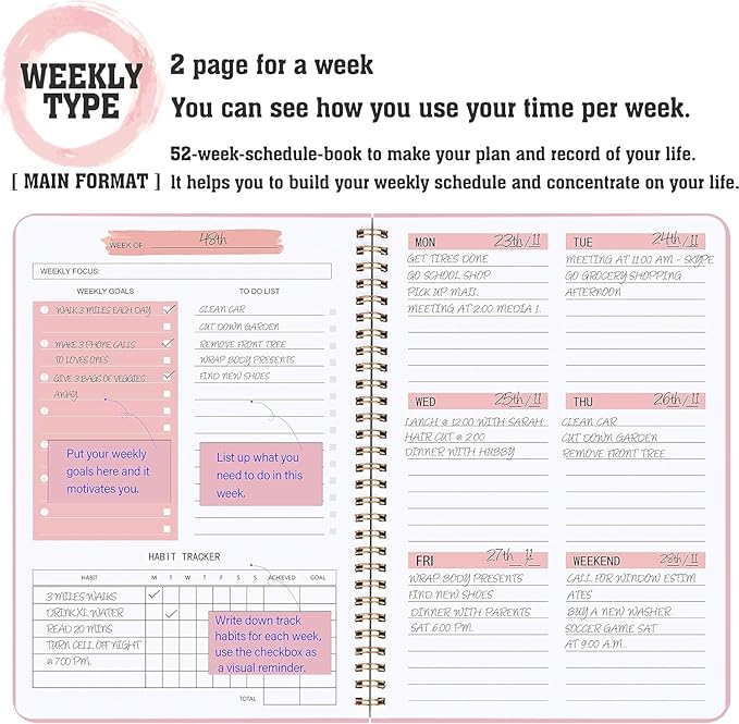 Weekly Planner with Habit Tracker Undated 52 Weeks To Do List Notebook Spiral Weekly Planner Notebook for Weekly Goals Priorities Work Planner, 5.8" x 8" Pink