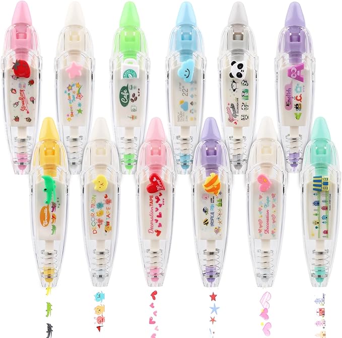12pcs Decorative Tape Pen, Cute Animals Press Type Decorative Pen Tape Roller Pen DIY Creative Cartoon Correction Tape for Boy Girls Gift Teacher Class Rewards (12 Themes)