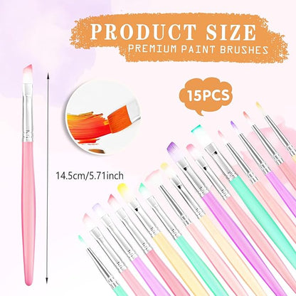 Art Paint Brush Set, Colorful Paint Brushes, Different Sizes for Artists, Adults & Kids, Painting Brushes Set with Paint Palettes, Paint Brushes, Art Paint Brushes for Watercolor, Oil, Face, 15 Pack