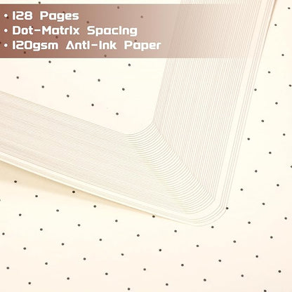 Dotted Journal/Notebook - Dot Grid Hard Cover Notebook, Premium Thick Paper with Fine Inner Pocket, Black Smooth Faux Leather, Pen Loop, 5.3'' x 8.26'' - Brown