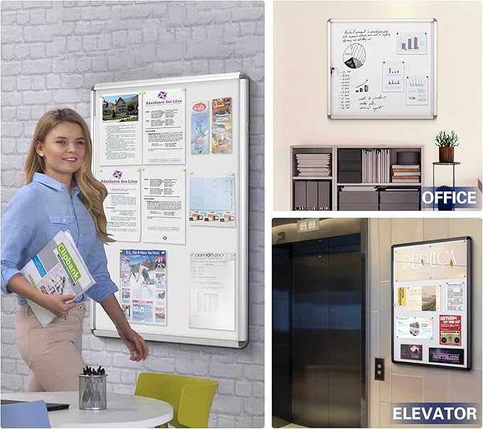 SWANCROWN Locking Bulletin Boards Enclosed Noticeboard White Glass Message Boards Indoor for School Office 38x38 inches (12xA4)