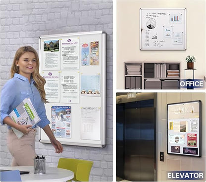 SWANCROWN Enclosed Notice Board Magnetic Bulletin Boards for Office with Locking Door,Black Frame, 26x20inch(4XA4