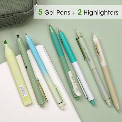 WRITECH Gel Pens Journaling Highlighters: Journal Set Aesthetic Assorted Pastel Color Ink 0.5mm Fine Point Retractable 0.7mm Black Pen Smooth Writing Drawing No Bleed 7ct (Green)