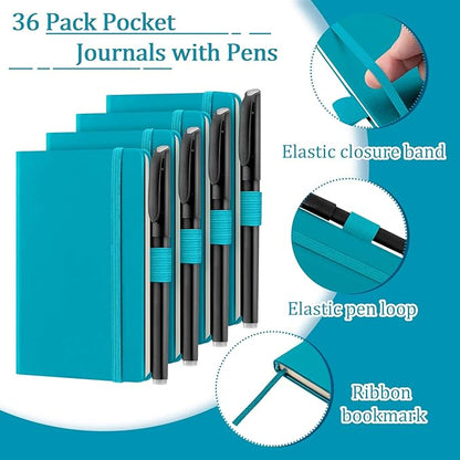 Laumoi 36 Sets Pocket Notebook Journals with Pens A6 Cute Small Journal Notebook Ruled Lined Mini Notepad Hardcover Executive Notebooks Set with Pen Holder for School Office, 3.7 x 5.7 Inch (Blue)