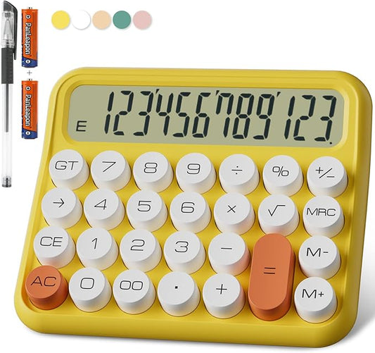 Mechanical Calculator 12 Digit Extra Large 5-Inch LCD Display, DECKLIT Battery Desk Calculator, Big Buttons Easy to Press Use as Office Calculators Desktop, 15°Tilt Screen for Kids Calculator(Yellow)