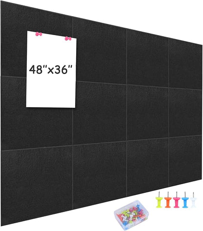 Bulletin Board 48 x 36, Black Cork Board Alternative for Office, 12 Count Felt Wall Tiles with Removable Adhesive Tabs, Square Pin Board Tack Board with 30 Pushpins(Black)