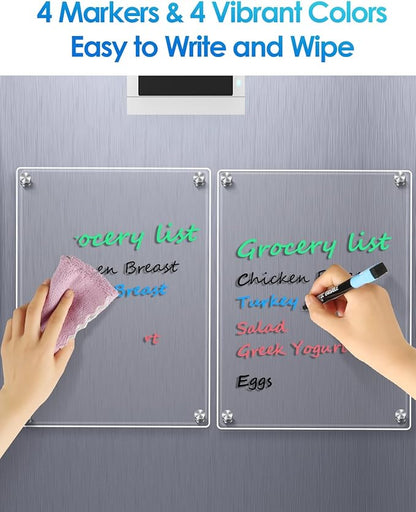 MaxGear 11"x14" Acrylic Dry Erase Board, Small Clear Magnetic Fridge WhiteBoard Mini Acrylic Memo Notepad for Refridgerator, Kitchen Menu Board Meal Planner Schedule Board, Include 4 Markers, 1 Cloth
