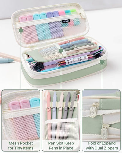 Four Candies 56 PCS Aesthetic School Supplies with Large Pencil Case, 6 Colored Ballpoint Pens, 12 Pastel Highlighters, 5 Black Ink Gel Pens, 9 Mechanical Pencils 0.5-2.0mm Student Essentials (Green)