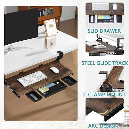 ETHU Keyboard Tray Under Desk, Pull Out Keyboard & Mouse Tray with C-clamp, Ergonomic Desk Keyboard Tray Slide Out, Pull Out Platform Drawer for Home and Office(Wood)
