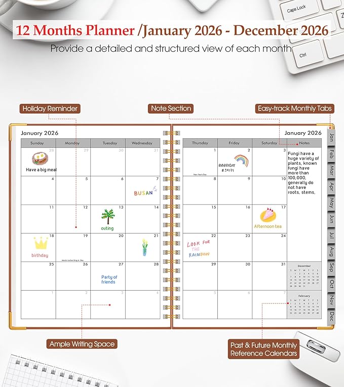 2026 Planner, Weekly and Monthly Calendar Planner from January 2026 - December 2026, 8.5" x 11" Hardcover Leather Hourly Appointment Book with Tabs, Spiral Daily Planners for College School Work Home, Brown