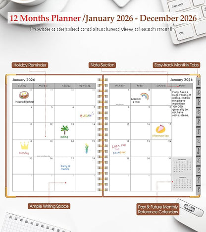 2026 Planner, Weekly and Monthly Calendar Planner from January 2026 - December 2026, 8.5" x 11" Hardcover Leather Hourly Appointment Book with Tabs, Spiral Daily Planners for College School Work Home, Brown
