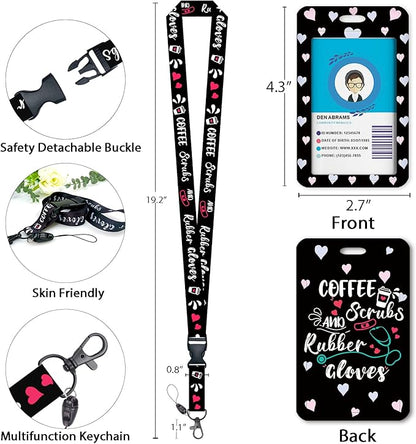 Funny Nurse ID Badge Holder with Lanyard, Coffee Scrubs and Rubber Gloves Badge Reel Retractable with 360 Degrees Rotate Carabiner Clip Heavy Duty, Cute ID Holder ID Clip Name Badge Clip Keychain