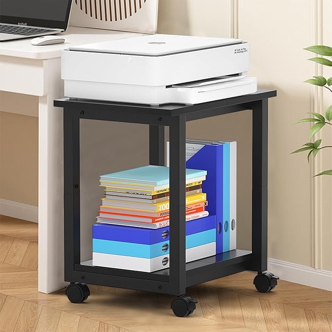 Under Desk Printer Stand, 2-Tier 19.5''x 16''x 22'' Rolling Printer Stand Storage Shelves for Printer, Scanner, Fax Machine, Files, Books with Anti-Skid Feet for Home, Office, Black