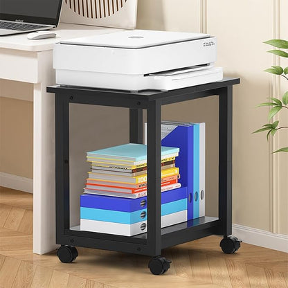 Under Desk Printer Stand, 2-Tier 19.5''x 16''x 22'' Rolling Printer Stand Storage Shelves for Printer, Scanner, Fax Machine, Files, Books with Anti-Skid Feet for Home, Office, Black