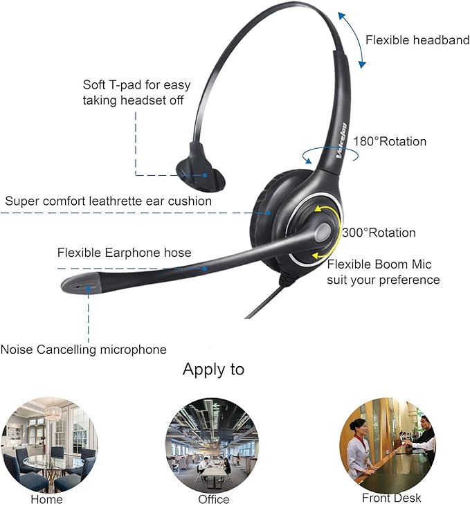 VoiceJoy Single Ear Noise Canceling Headset for Call Center/Office with QD Cable for All Cisco 6000, 7800 and 8000 Series Phones and Also Models 7940 7941 7942 7945 7960 7961 7962 7965 7970 8841