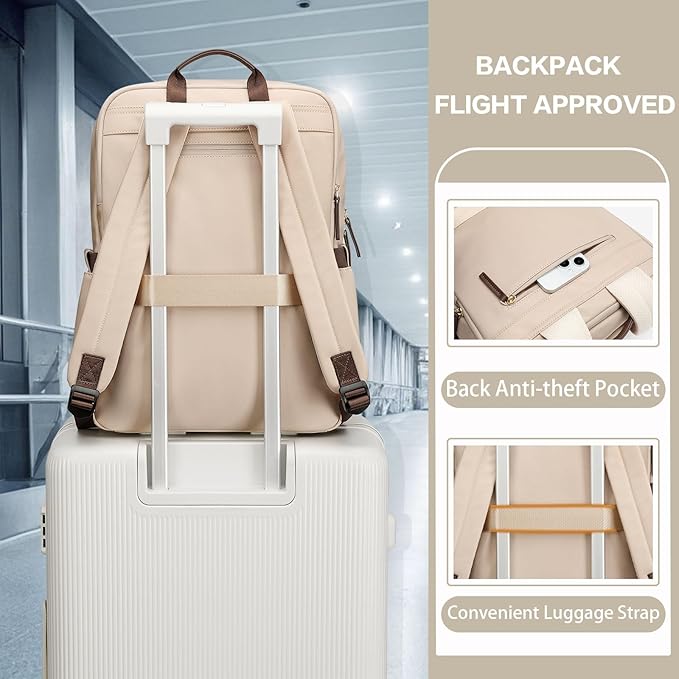 GOLF SUPAGS Laptop Backpack Purse for Women Water Resistant Teacher Nurse Bag, 15.6 Inch Work Business Travel Backpack (Apricot)