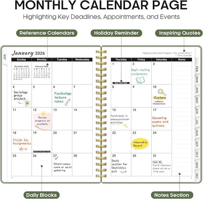 2026 Planner, Weekly and Monthly Calender Planner, Jan 2026 to Dec 2026, Hardcover 2026 Calendar Planner Book with Tabs & Inner Pocket, Office Home School Supplies for Women & Men - A4 (8.5" x 11"), Green