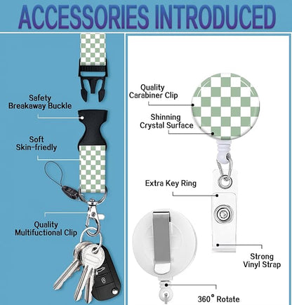 ID Badge Holder with Retractable Lanyard and Keychain, Badge Reel with Rotate Carabiner Clip,Sage Green Checkered Card Name Tag Lanyard ID Protector Bage Clips for Student, Women, Office