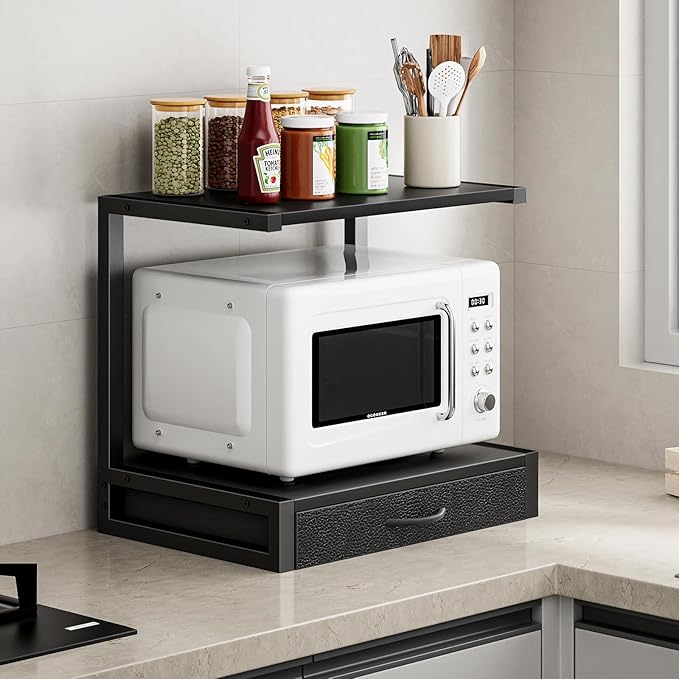 2-Tier Desktop Printer Stand with Fabric Drawer, Prtiner Table with Storage Shelf, Desk Organizer for Home Office,3D Printer,Fax Machine,Scanner, 17.3"x11.8" Black