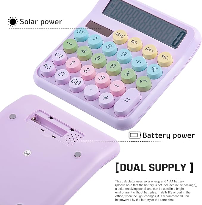 Golcellia Calculators Desktop, Purple Mechanical Calculator, Cute Calculator 12 Digit Desk Basic Calculator Large Display, Dual Power Solar Battery, Office Home School Supplies for Adults & Students
