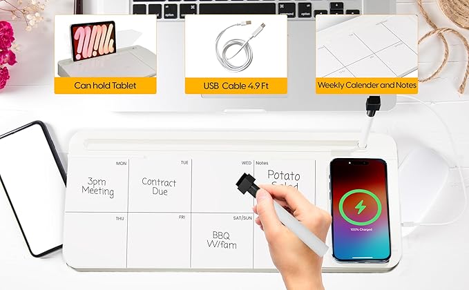 NEXTLUXE Glass Desk Whiteboard with Wireless Charger - Desktop Whiteboard with Storage, Weekly Planner, Dry Erase Pad, Organizer Drawer for Home, School, Office Gadgets – White