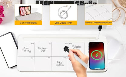 NEXTLUXE Glass Desk Whiteboard with Wireless Charger - Desktop Whiteboard with Storage, Weekly Planner, Dry Erase Pad, Organizer Drawer for Home, School, Office Gadgets – White