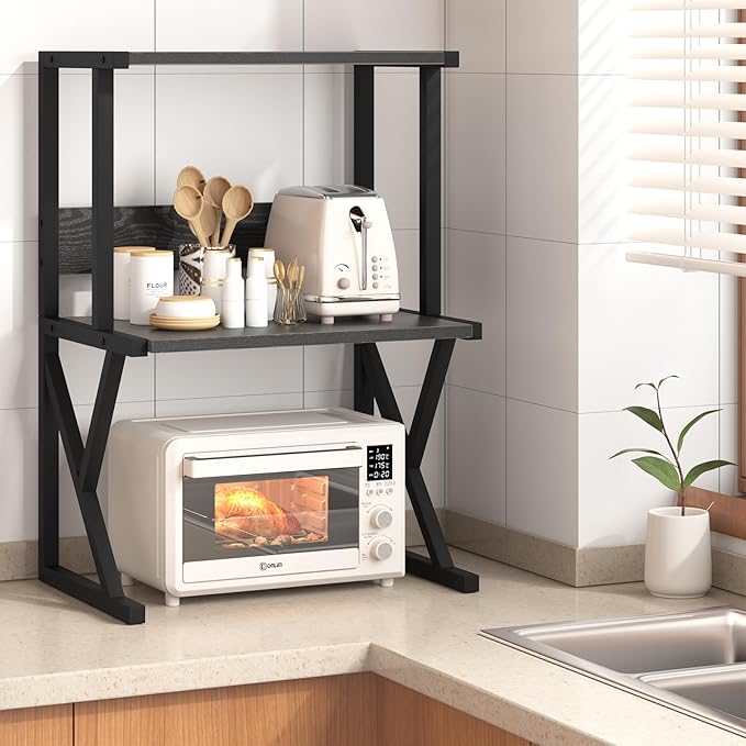 aboxoo Desktop Printer Stand with 3 Tier Wood Storage Shelves,Under Desk Printer Table,Multi-Purpose Home Office Desk Organizer for Fax Machine, Scanner (Black)