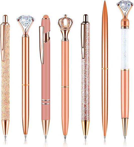 amassan 7Pcs Ballpoint Pens Set, Cute Pens with Crystal Diamond for Journaling, Black Ink Pen Gifts for Wedding Office Desk Supplies, Sand Glitter Pen for Women Office Decor