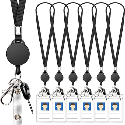 6 Pack Retractable Badge Lanyards and ID Badge Holder, Strap Lanyard with Swivel Metal Clasp for Badge Holders, Keychains, Offices, Staff, Students, Employees, Black