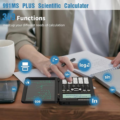 Scientific Calculator with Writing Tablet,ROATEE 991 MS Foldable 2-Line Display Science Calculator with Notepad,Middle High School Supplies for Students & College,Solar & Battery Powered,Easy to Carry
