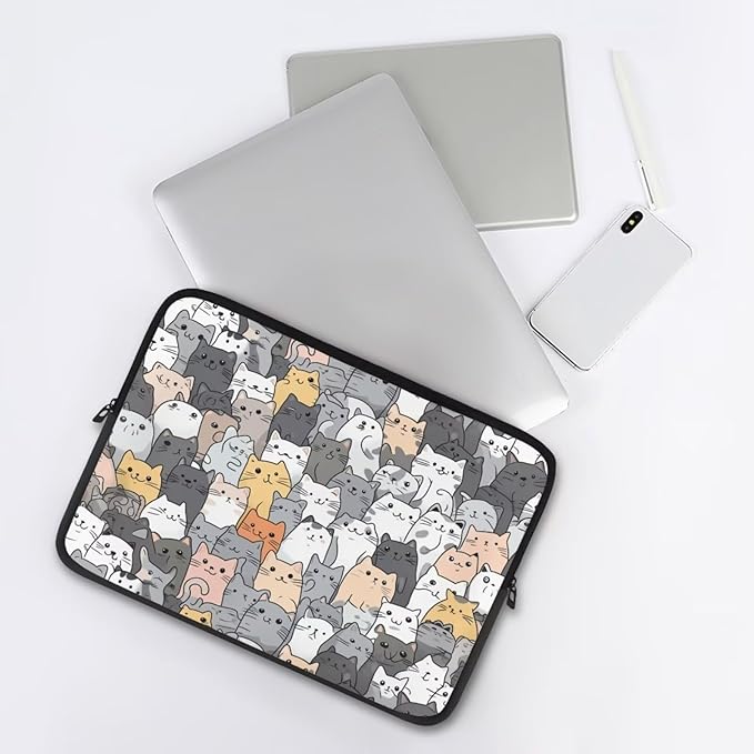 Cartoon Cat Print Laptop Briefcases for Men Women, Cute Laptop Sleeve Case Water Resistant Neoprene Computer Carrying Cover 17 Inch Laptop Carrying Bag