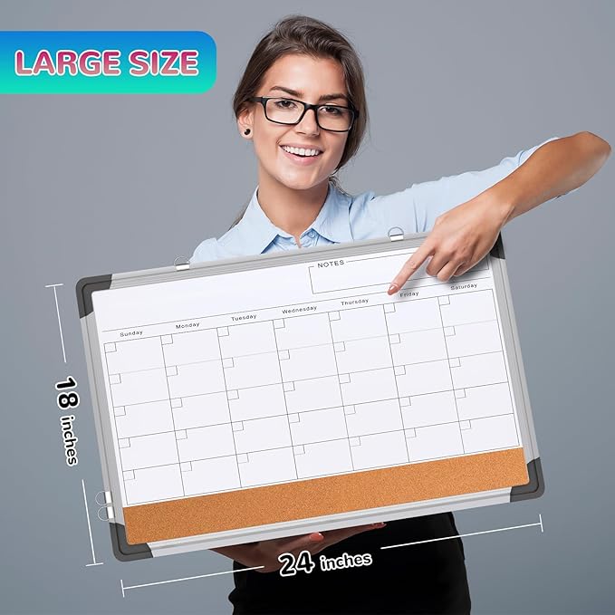 Monthly Calendar Whiteboard Dry Erase Cork Board Combination for Wall, 24"x18" Magnetic Dry Erase Board, Double-Sided White Board, Portable Board for Office, Kitchen, Planning, Memo, School, Home
