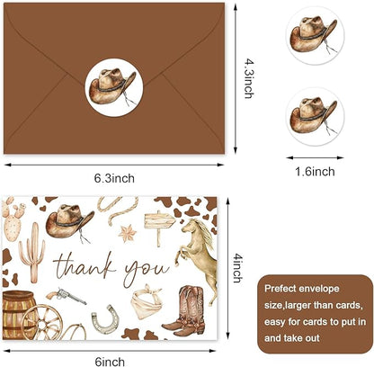 24 Pack Western Cowboy Thank You Cards Brown Cowboy Hat Boots Horse Note Cards with Envelopes Stickers Greeting Blank Cards for Birthday Baby Shower