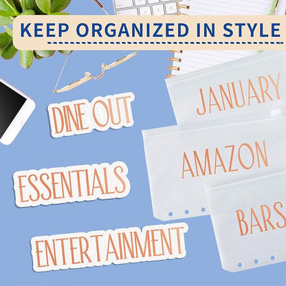 OOUUREC 100 Rose Gold Budget Category Stickers - Clear Vinyl Planner Decals for Cash Envelope System Wallet
