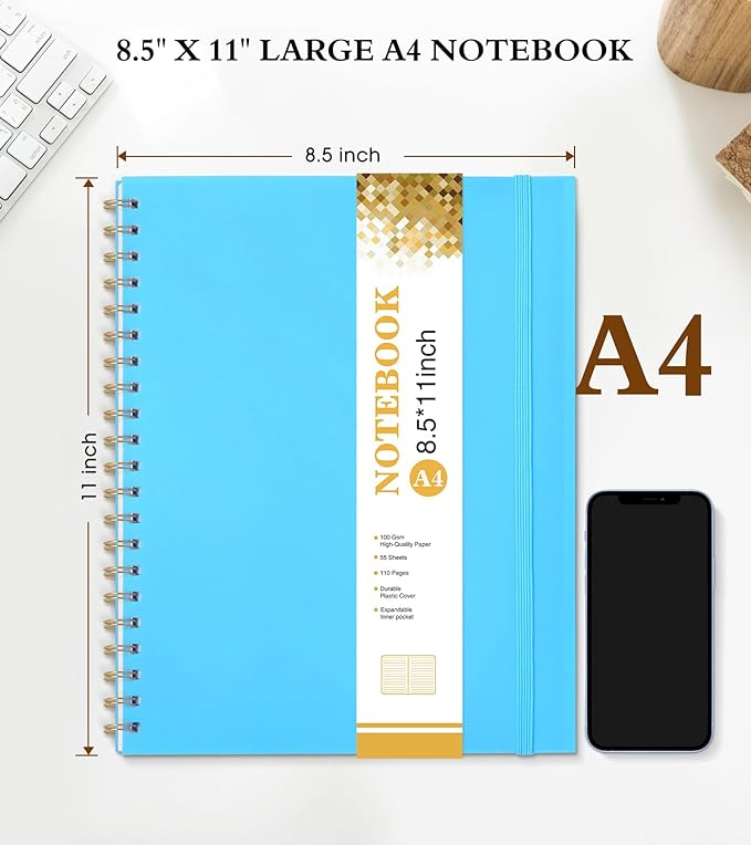 Spiral Notebook Journal 8.5” x 11”, Lined Notebooks for Women Men, A4 Large College Ruled Journal, 100 GSM Paper, Plastic Hardcover Spiral Bound Journals for Work School Business, Blue