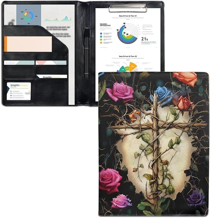 Cross Rose PU Leather Padfolio Clipboard Clip Business Resume Portfolio A4 Folder Interview Legal Document Organizer Business Card Holder Letter