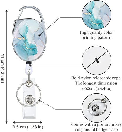Badge Reels Retractable，Double Sided Color Print Pattern Retractable Badge Holders，with Retractable Keychain, Badge Clip and Key Ring，Durable Nylon Retractable Rope，Green Marble