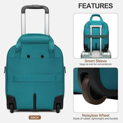 Personal Item 16-Inch Underseat Carry on Luggage With Wheels Lightweight Wheeled Underseater under seat bags for airplanes Upright 2 Wheel Teal Green