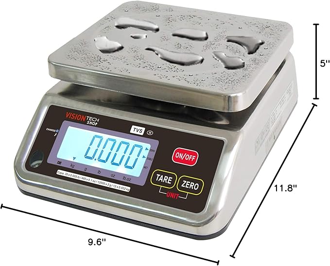 TVS Portion control Stainless steel Washdown Scale, Lb/Oz/Kg/g Switchable, Low Profile Design, 30lb Capacity, 0.005lb Readability, Single Display, NTEP Legal for Trade Coc #19-058