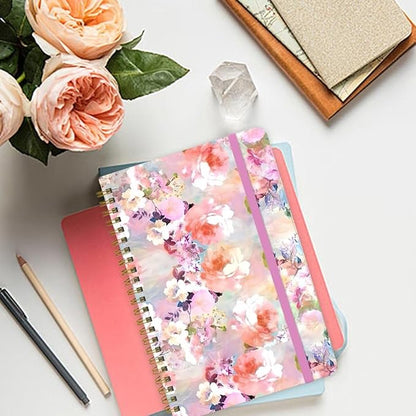 Spiral Notebook - A5 Spiral Notebooks, 8.3'' × 5.8'', 160 Pages, Aesthetic Journaling Notebooks for Women, College Lined Notebook with Elastic Closure, Back Pocket, for School Office, Pink Flower