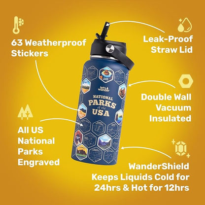 LET'S WANDER National Parks Water Bottle with Waterproof Stickers - 32oz Leakproof Insulated Stainless Steel with Straw - Parks of the USA Hiker Bucket List Gift Bottle [BLUE]